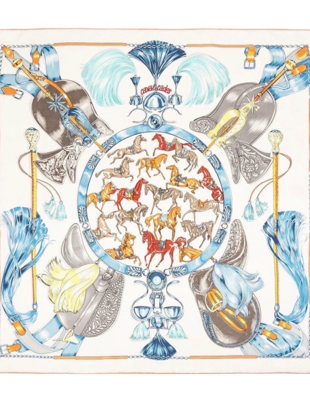 NEW Carolina Lemke Equestrian Motif Mulberry Silk Blue Printed Scarf